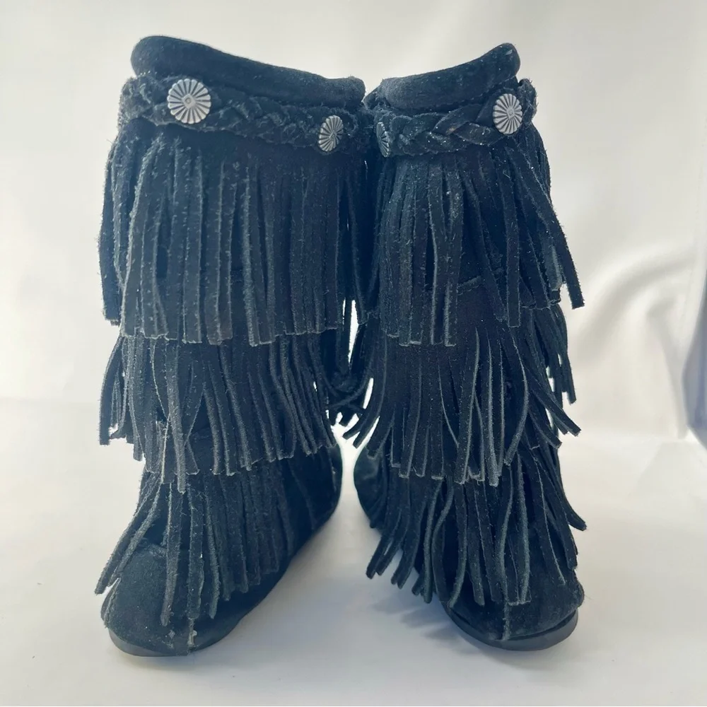 Minnetonka Black Suede 3 Tier‎ Fringe Tall Boots, Girl's Size 3
